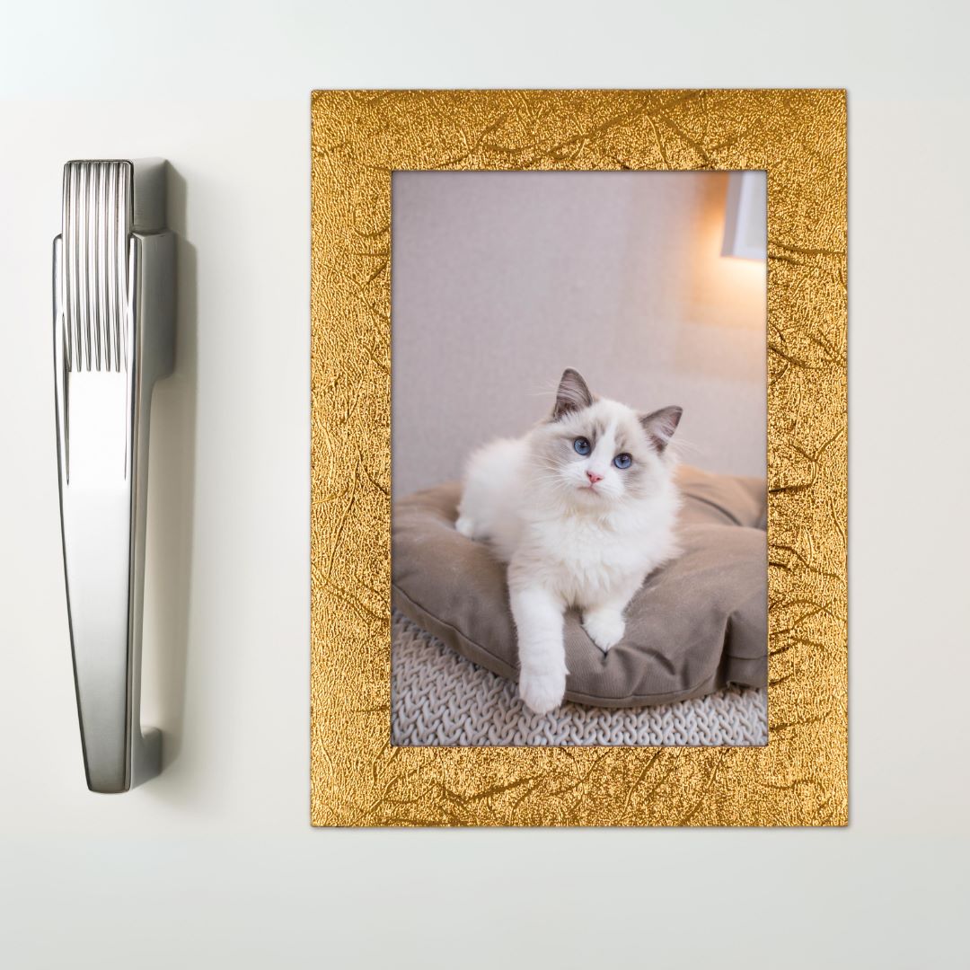 Pilke magneettinen valokuvakehys 10x15 kuvalle, Teksturoitu kulta 1 Magneettikehys/valokuvakehys jääkaapinoveen tai muulle magneettiselle pinnalle.