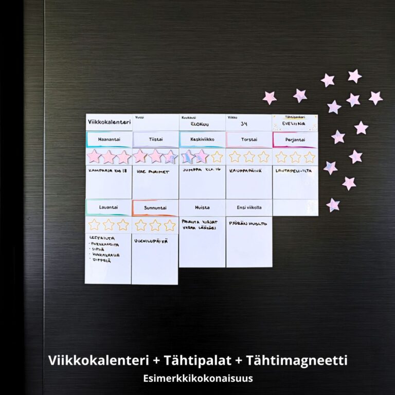 Maoka MiXit magneettinen viikkokalenteri ja opaalin väriset tähtimagneetit arjen suunnitteluun