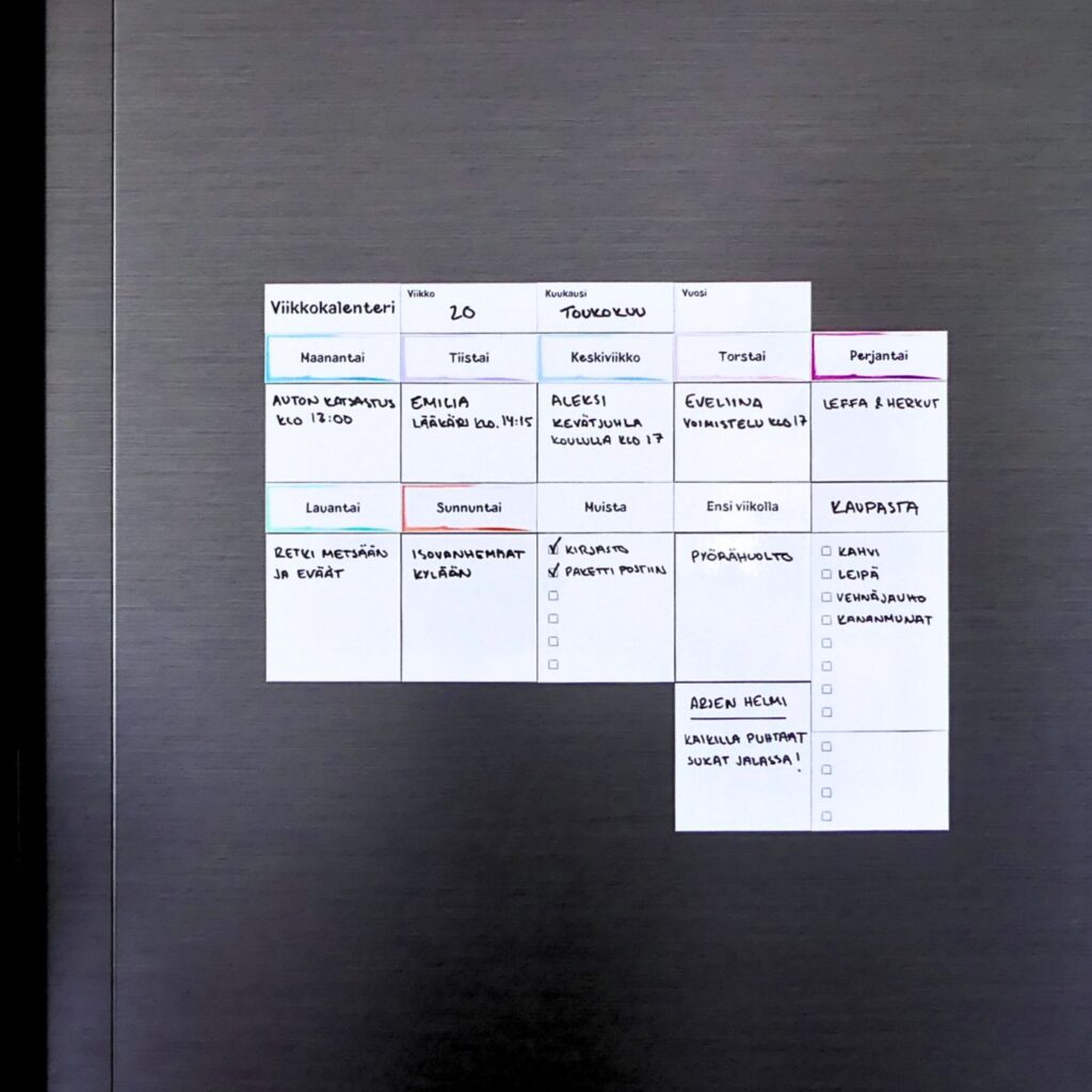 Magneettinen viikkokalenteri ja pystysuuntainen checklist-tehtävälista jääkaapin ovessa arjen hallintaan.
